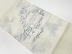 リサイクル　民家・松に樹木風景模様刺繍開き名古屋帯（額縁仕立て）